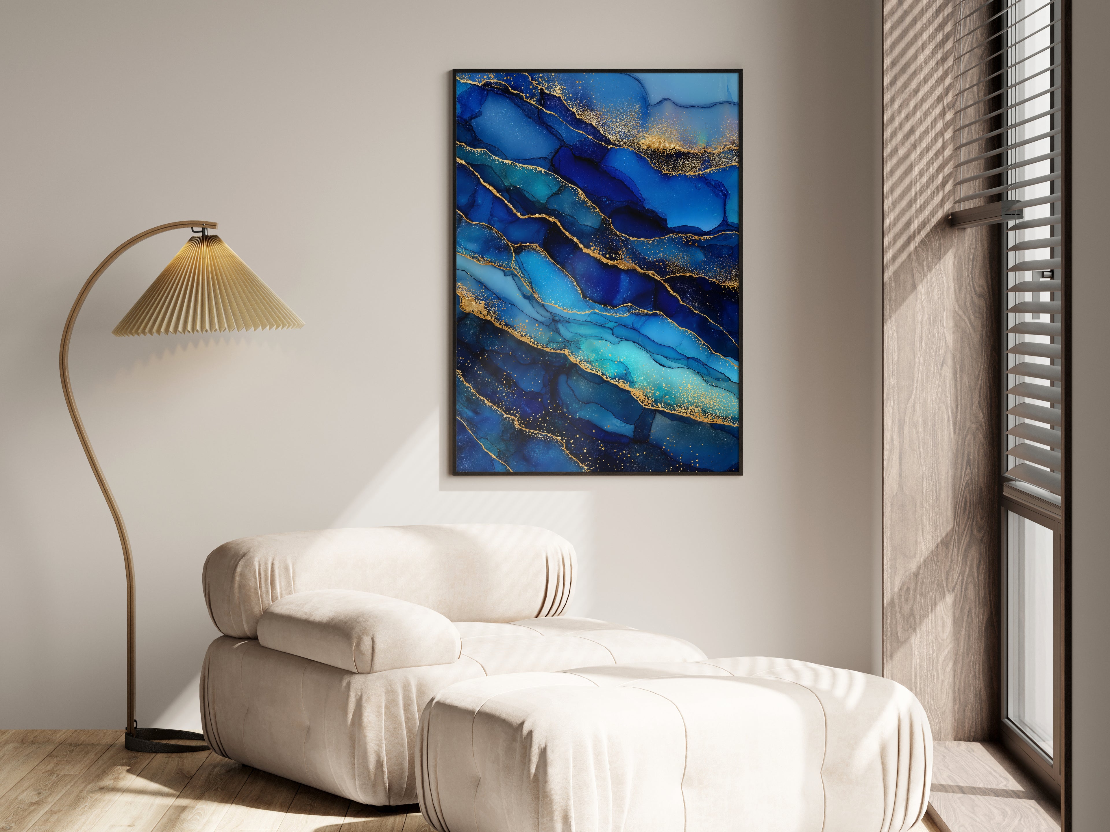 Cobalt Gold abstract gilded ink wall art shown in a premium lifestyle interior setting