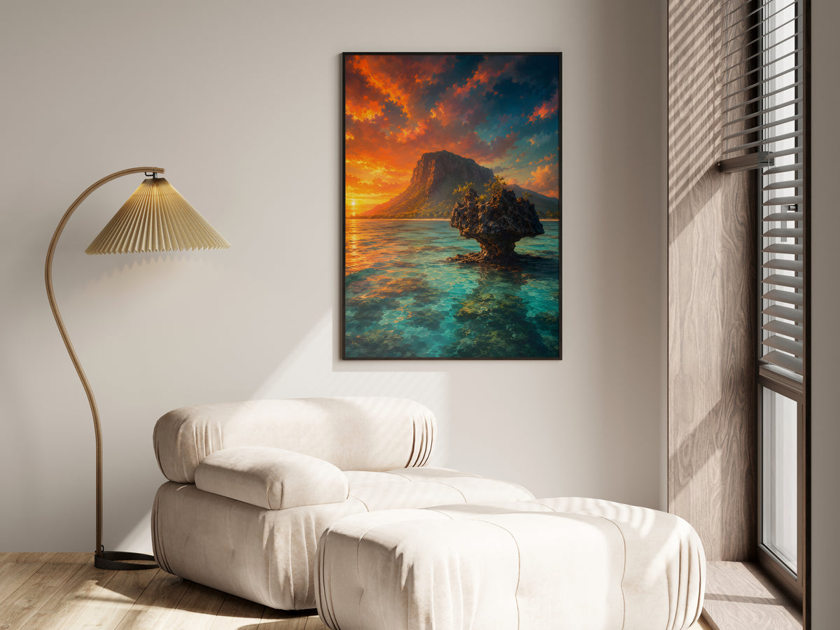Crystal Rock Lagoon in a premium lifestyle setting — printable Mauritius lagoon sunset art