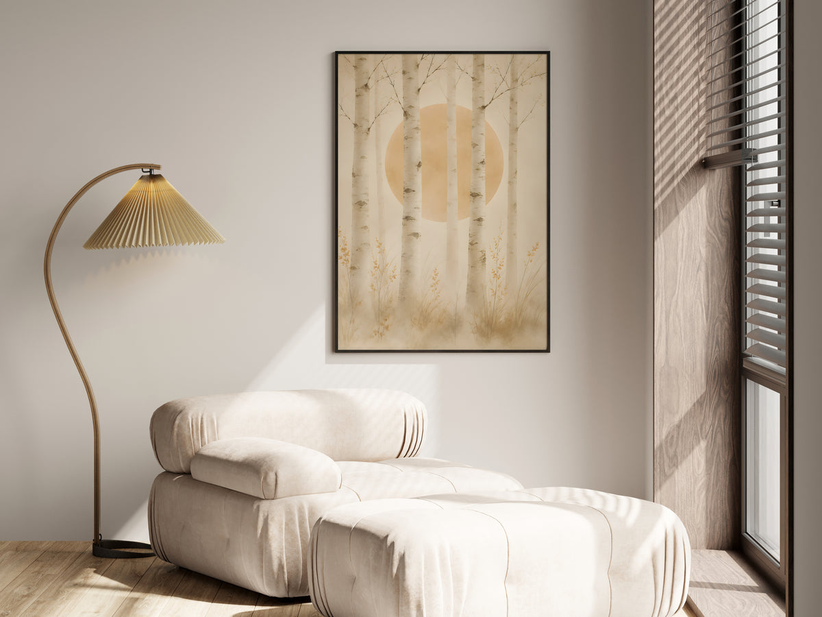 Ivory Birch Forest in a premium lifestyle setting — printable Japandi forest art