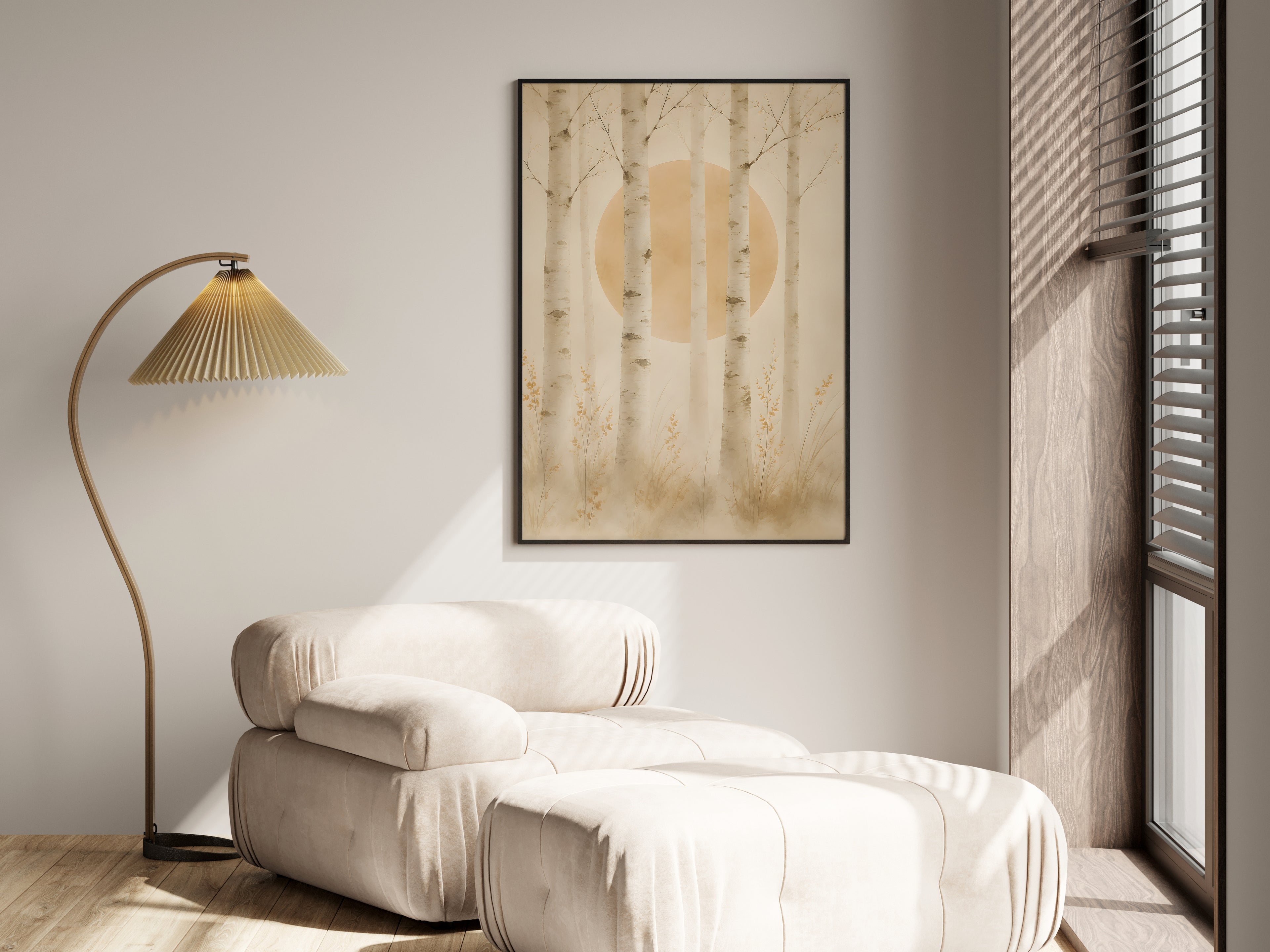 Ivory Birch Forest in a premium lifestyle setting — printable Japandi forest art