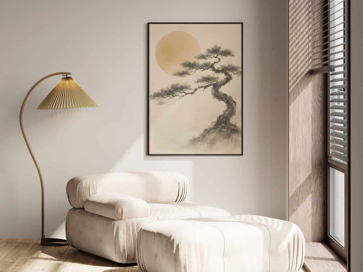 Ivory Black Pine Mist in a premium lifestyle setting — printable Japandi pine art