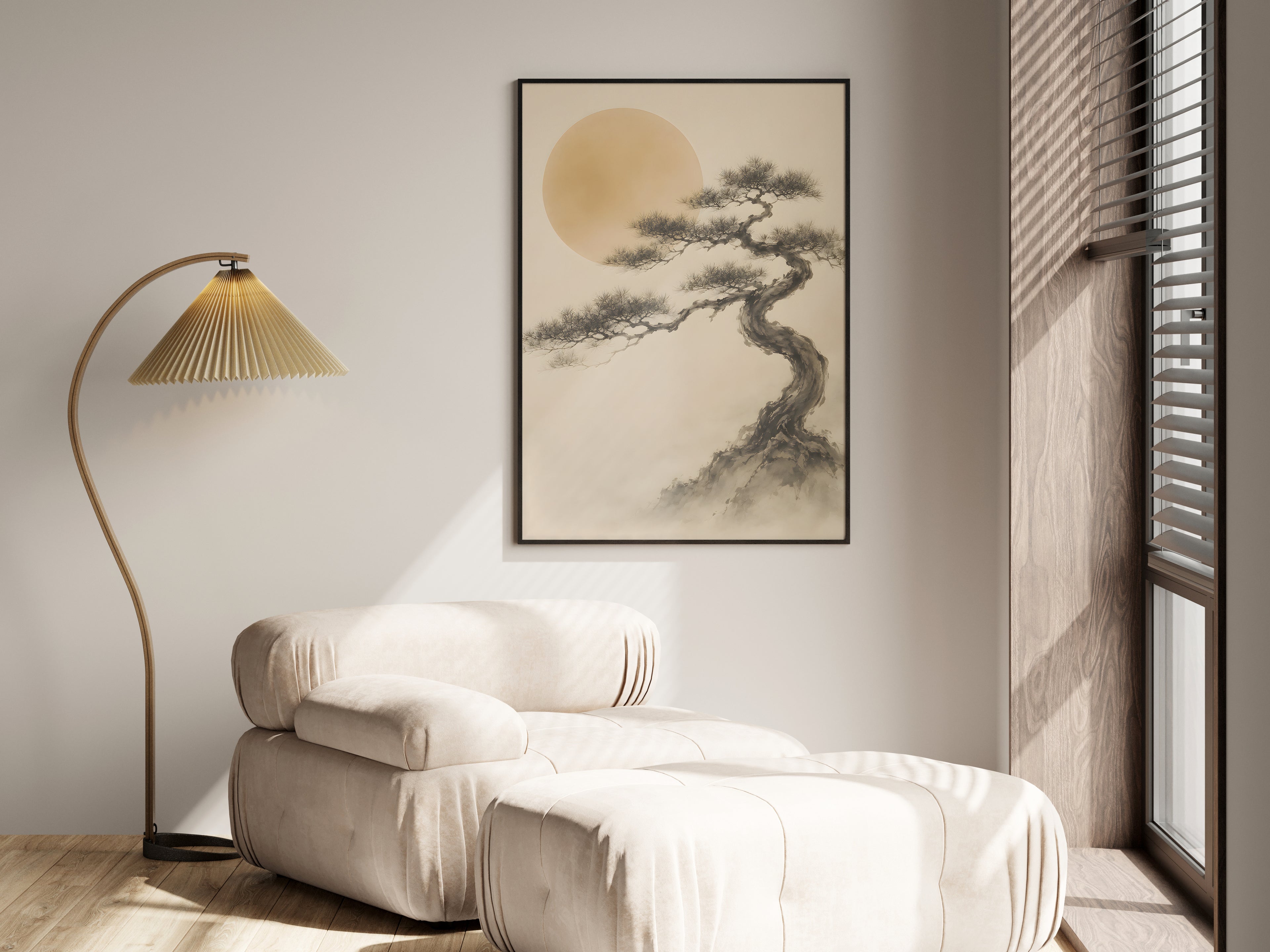 Ivory Black Pine Mist in a premium lifestyle setting — printable Japandi pine art