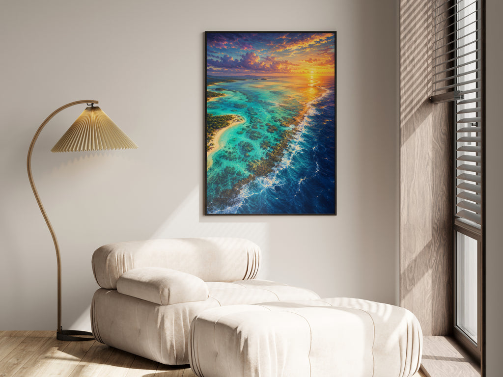 Blue Bay Reef Dawn shown in a secondary lifestyle setting — tropical coastal and dramatic contemporary interior