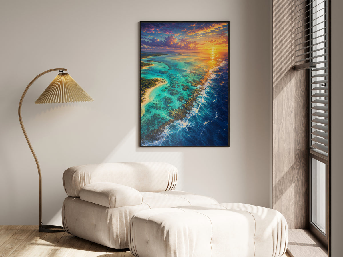 Blue Bay Reef Dawn shown in a secondary lifestyle setting — tropical coastal and dramatic contemporary interior
