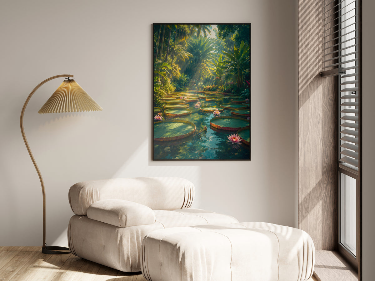 Waterlily Allée in a premium lifestyle setting — printable Mauritius tropical garden art