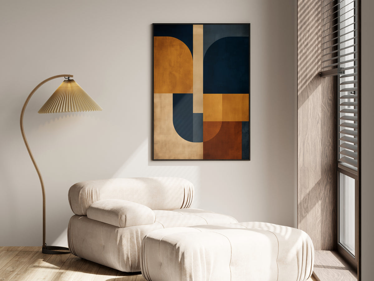 Navy Ochre Grid shown in a secondary lifestyle setting — navy and ochre abstract print in premium interior