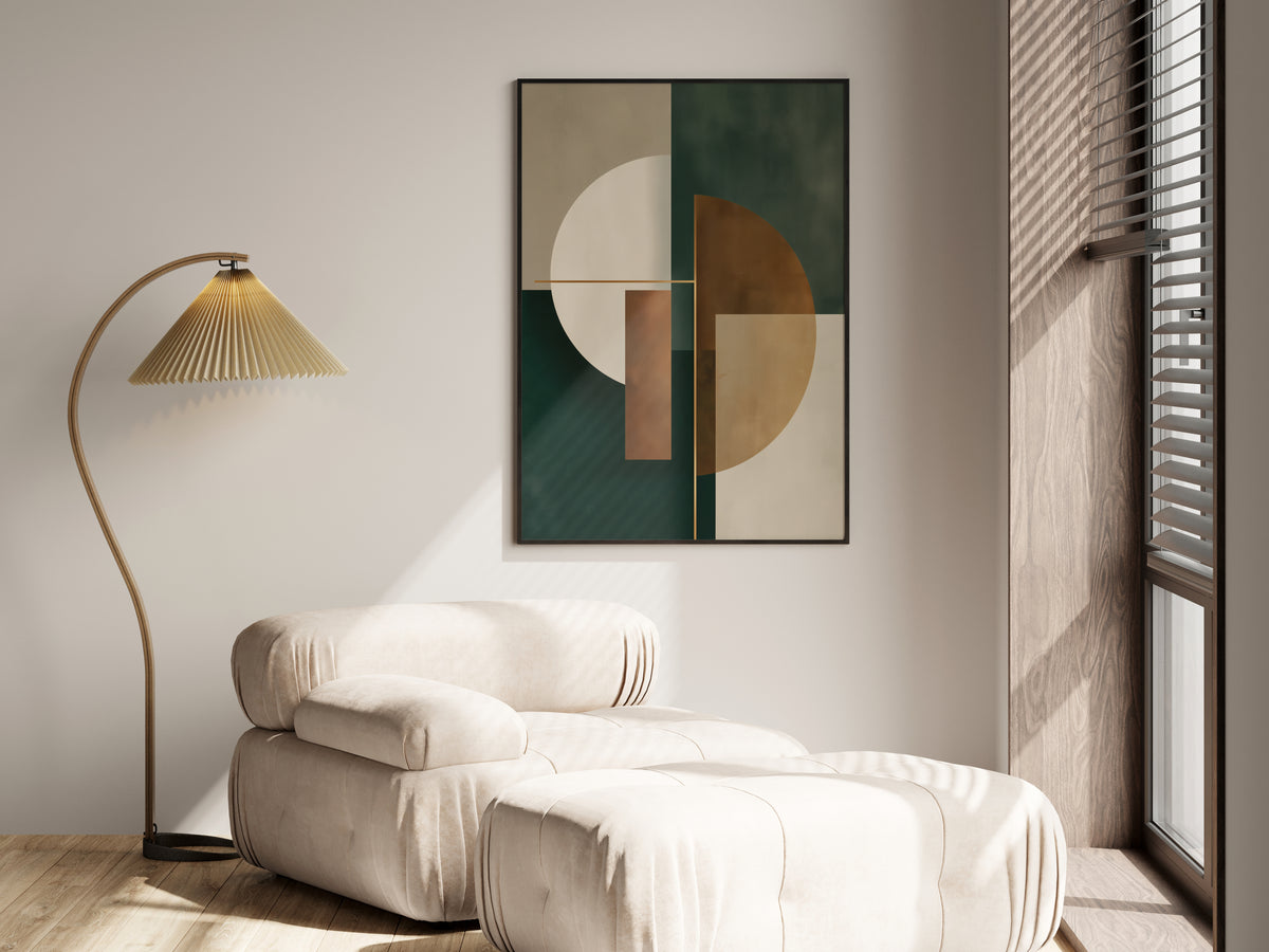 Verdant Form Balance shown in a secondary lifestyle setting — forest green and ivory abstract print in premium interior