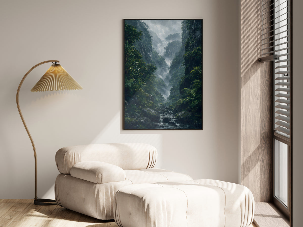 Black River Gorges Mist in a premium lifestyle setting — printable Mauritius tropical forest art