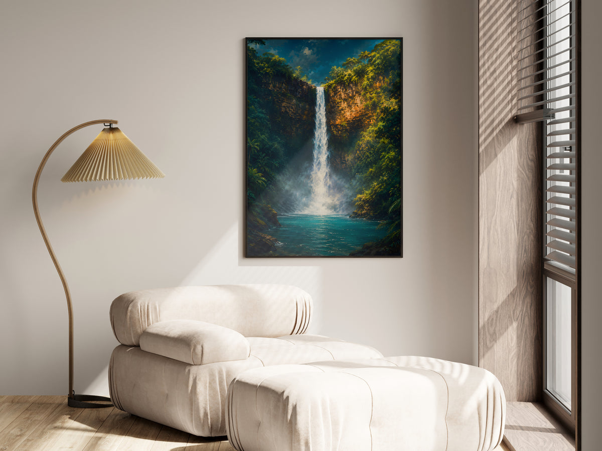 Chamarel Falls in a premium lifestyle setting — printable Mauritius tropical waterfall art