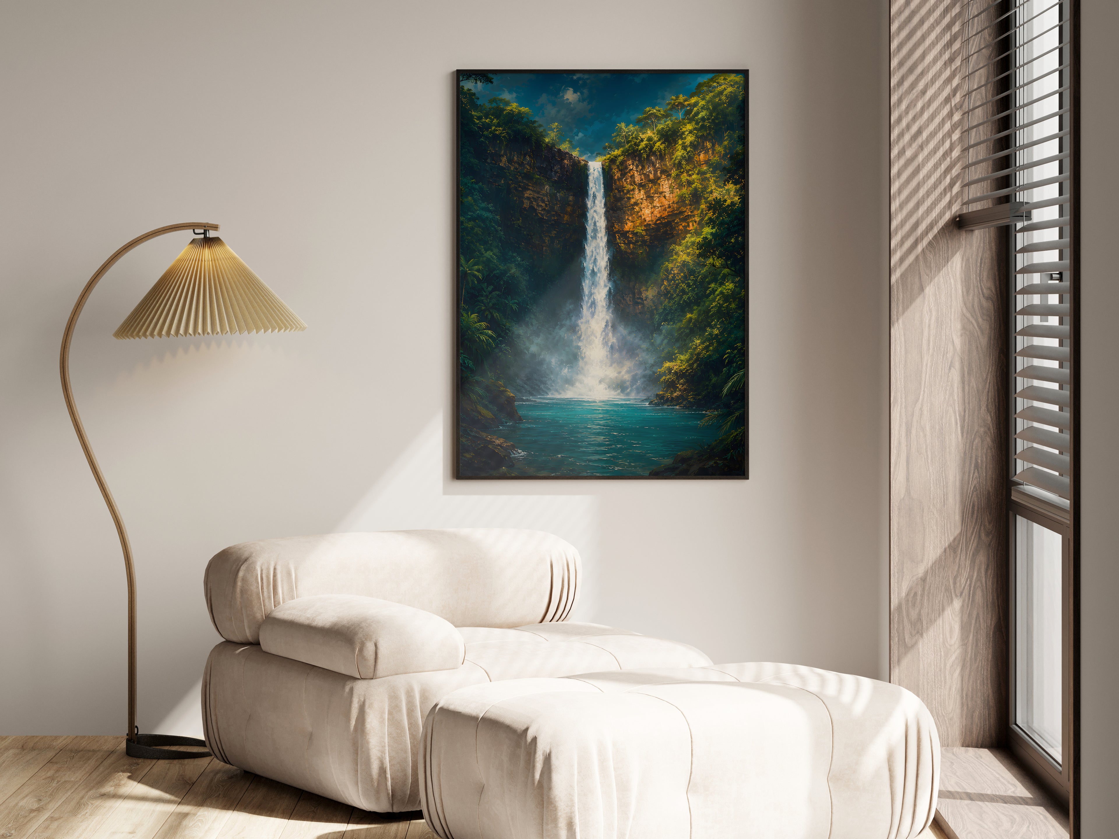 Chamarel Falls in a premium lifestyle setting — printable Mauritius tropical waterfall art