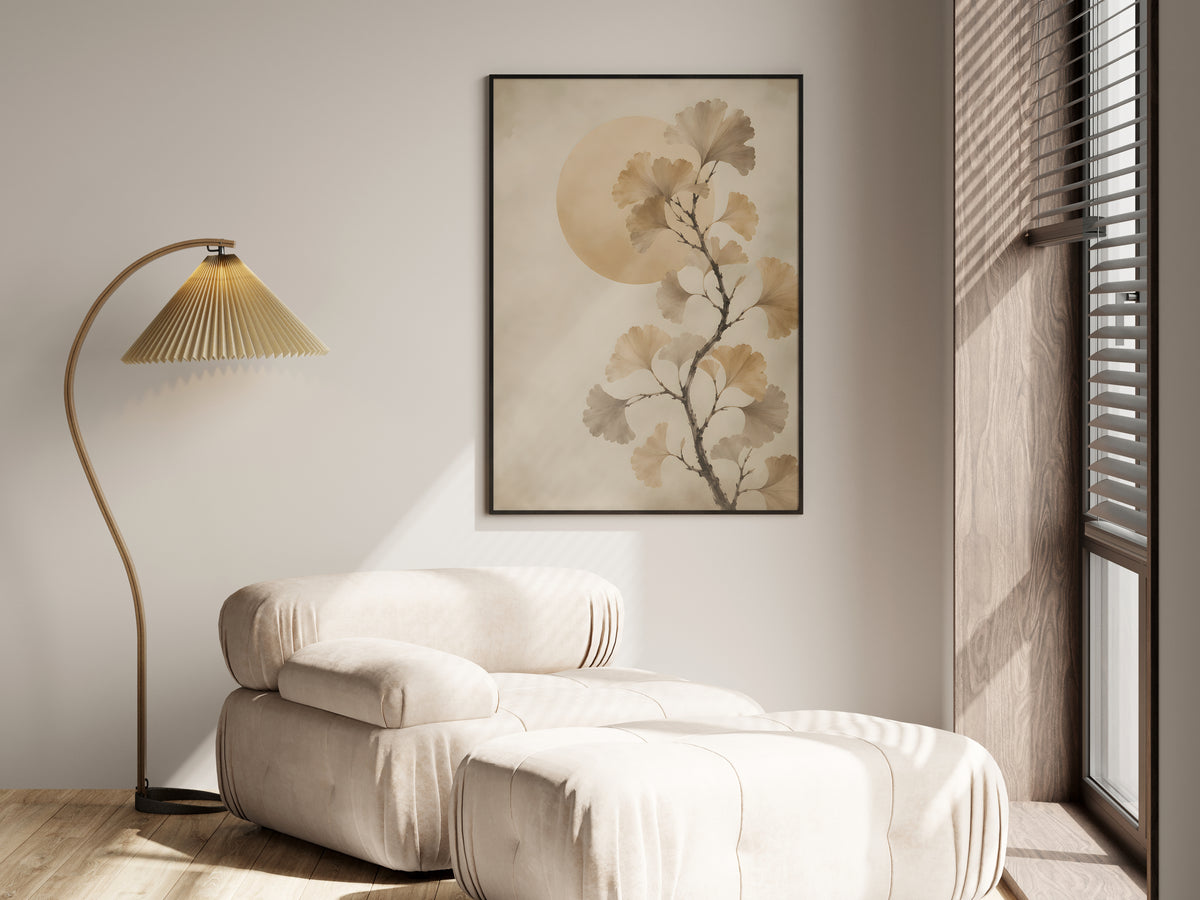 Ivory Ginkgo Sun in a premium lifestyle setting — printable Japandi ginkgo art
