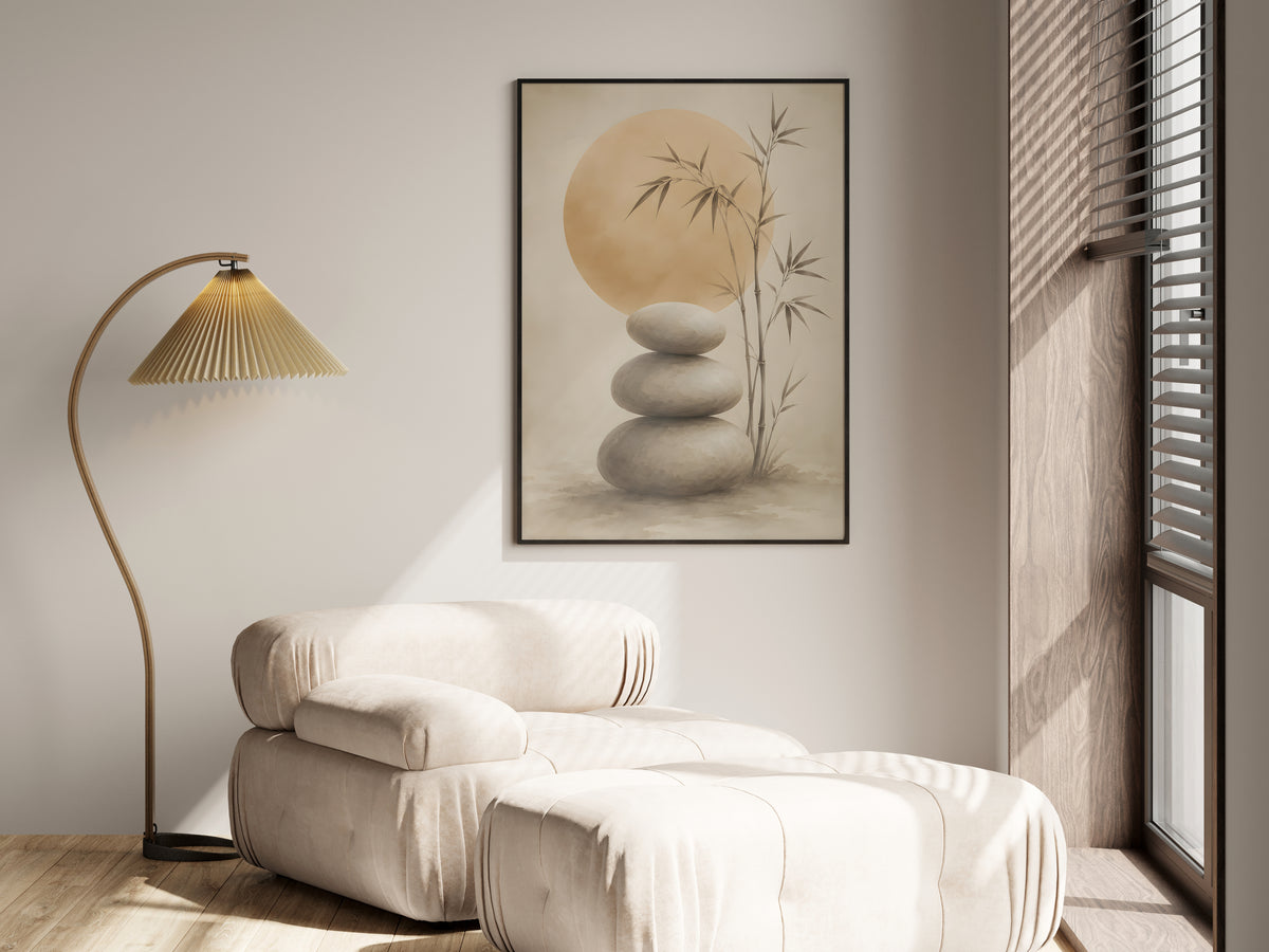 Ivory Stone Balance in a premium lifestyle setting — printable Japandi zen art