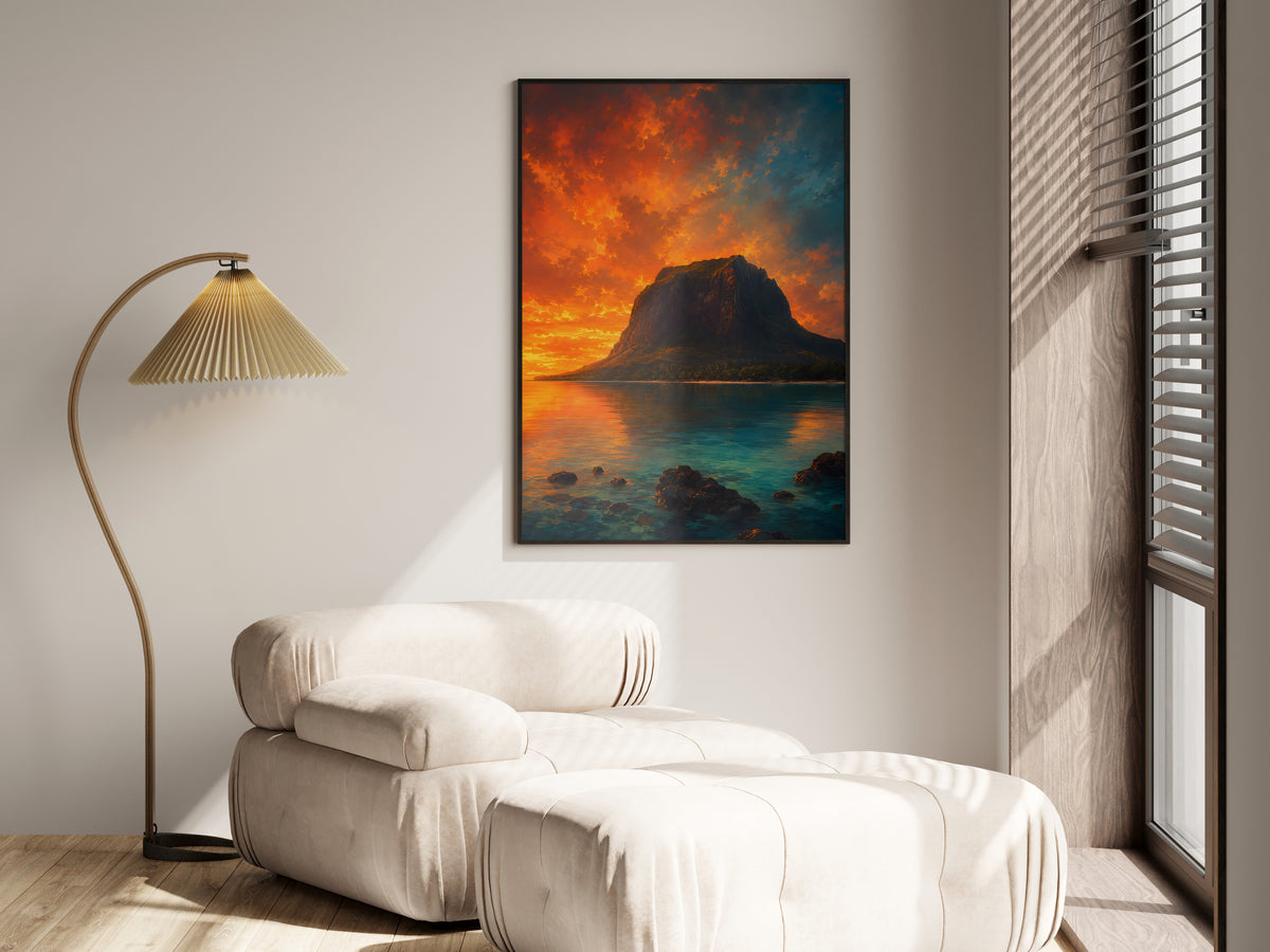 Le Morne Dusk Fire in a premium lifestyle setting — printable Mauritius landscape sunset art