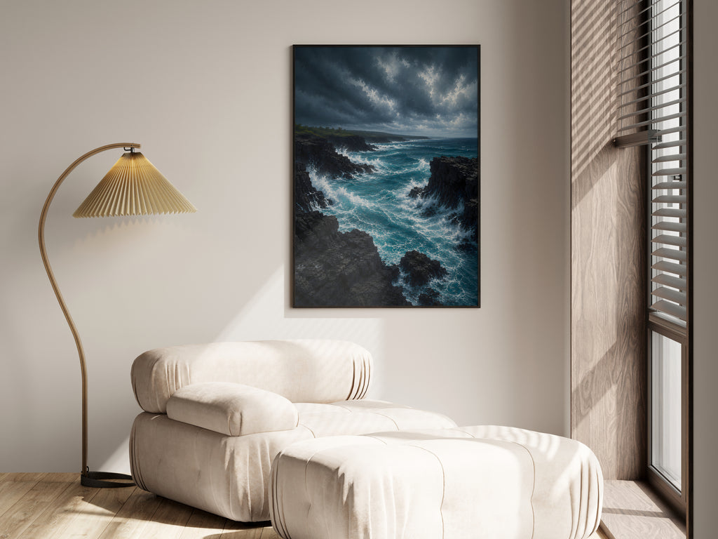 Black Volcanic Coastline in a premium lifestyle setting — printable Mauritius dramatic dark coastal art