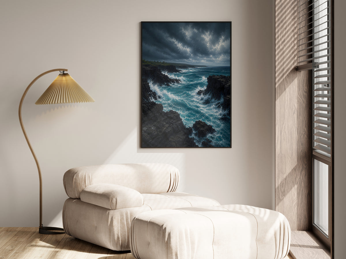 Black Volcanic Coastline in a premium lifestyle setting — printable Mauritius dramatic dark coastal art