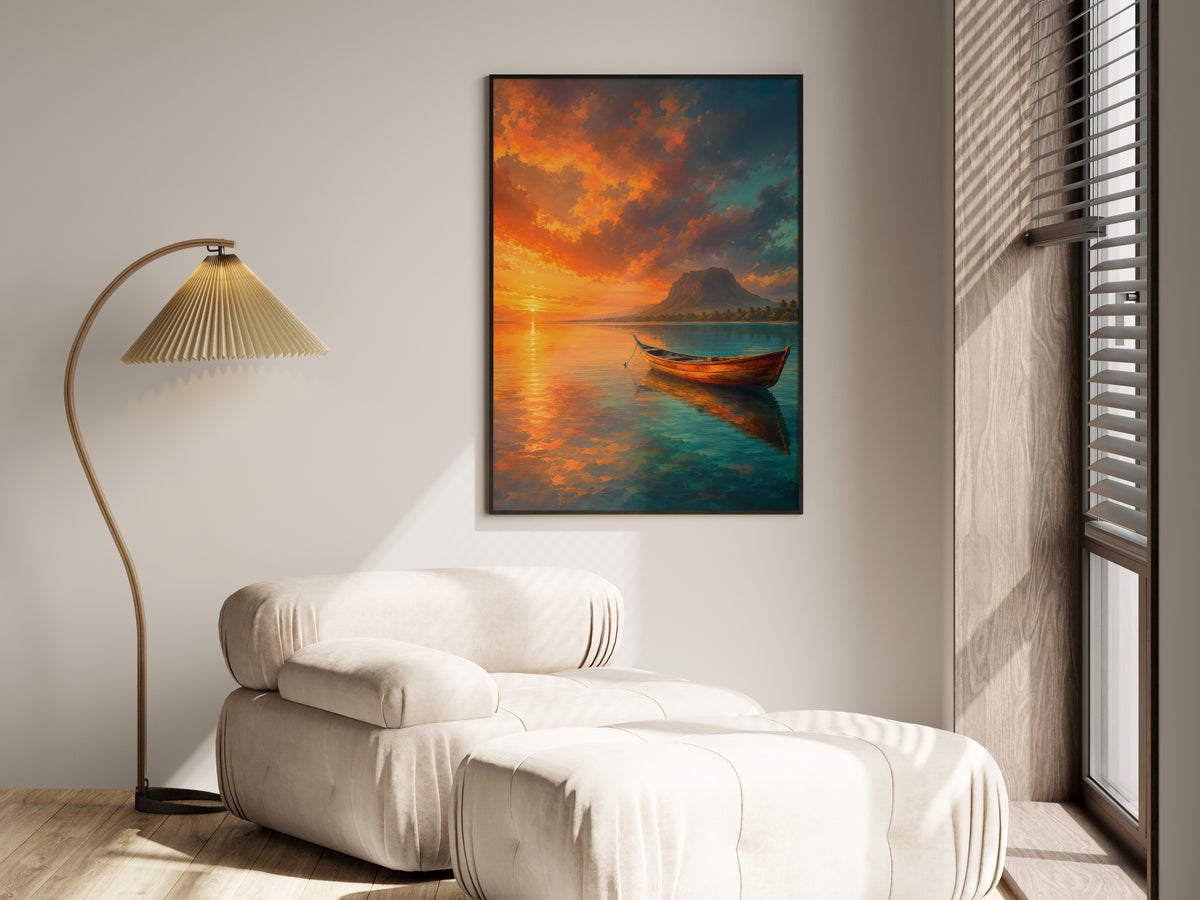 Pirogue Still Water in a premium lifestyle setting — printable Mauritius coastal art