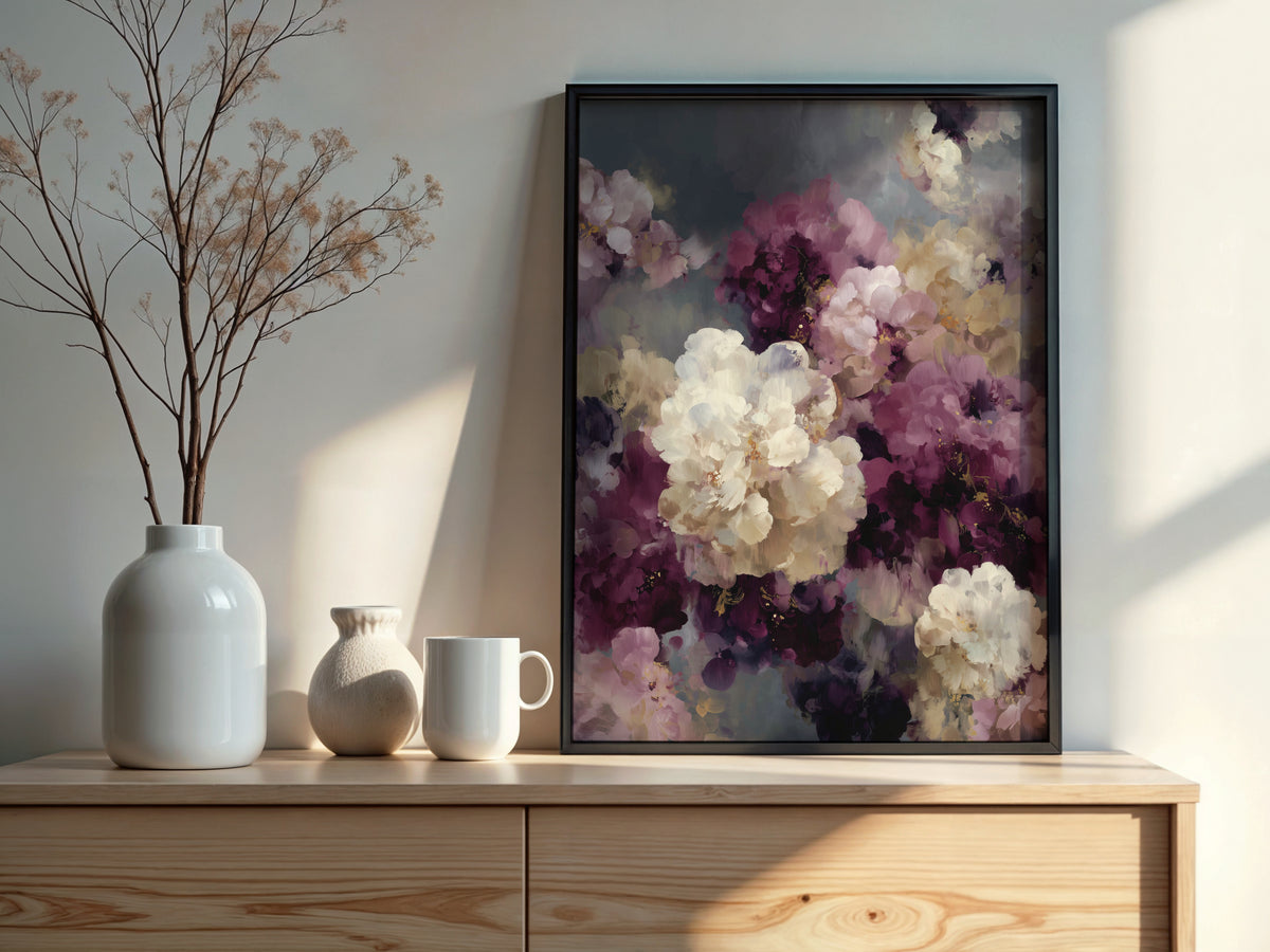 Close-up of Plum Smoke Bloom showing luminous cream focal peony with deep plum and mauve surrounding flowers on atmospheric smoke grey ground