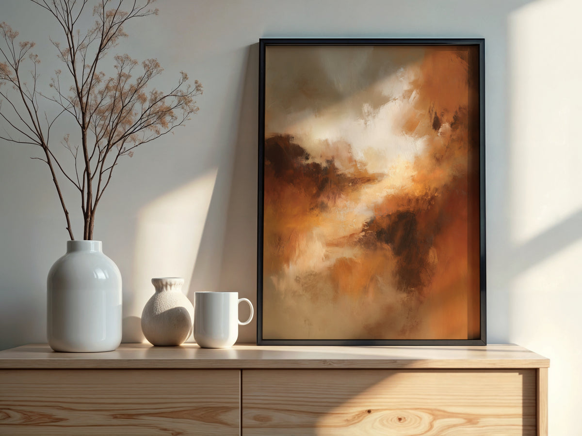 Close-up of Umber Cloud Passage showing warm sienna sweeping forms and luminous ivory centre