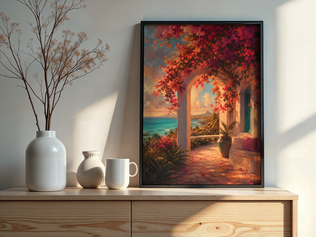 Bougainvillea Veranda Light styled detail — magenta bougainvillea and teal sky palette close-up