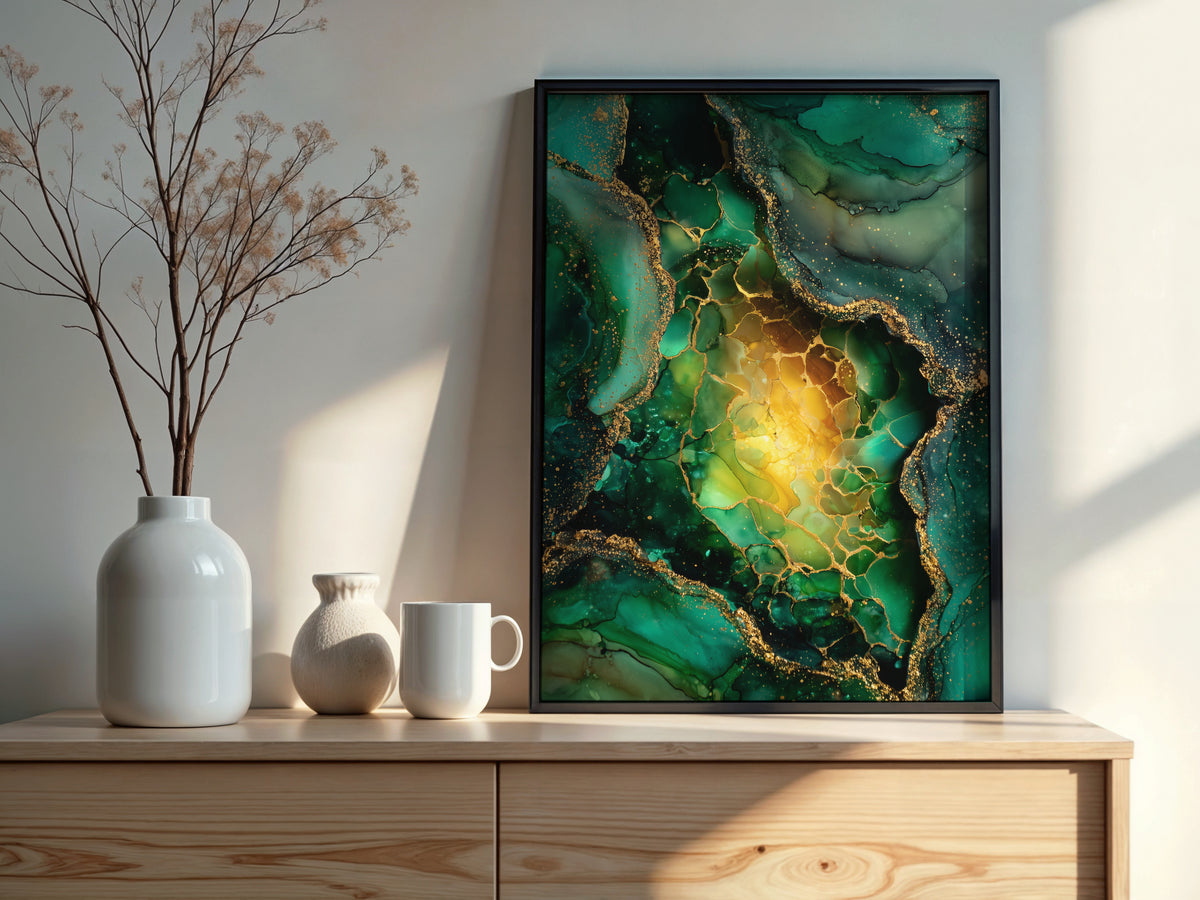 Close-up detail of Emerald Gold showing emerald ink depth and organic gold spatter texture