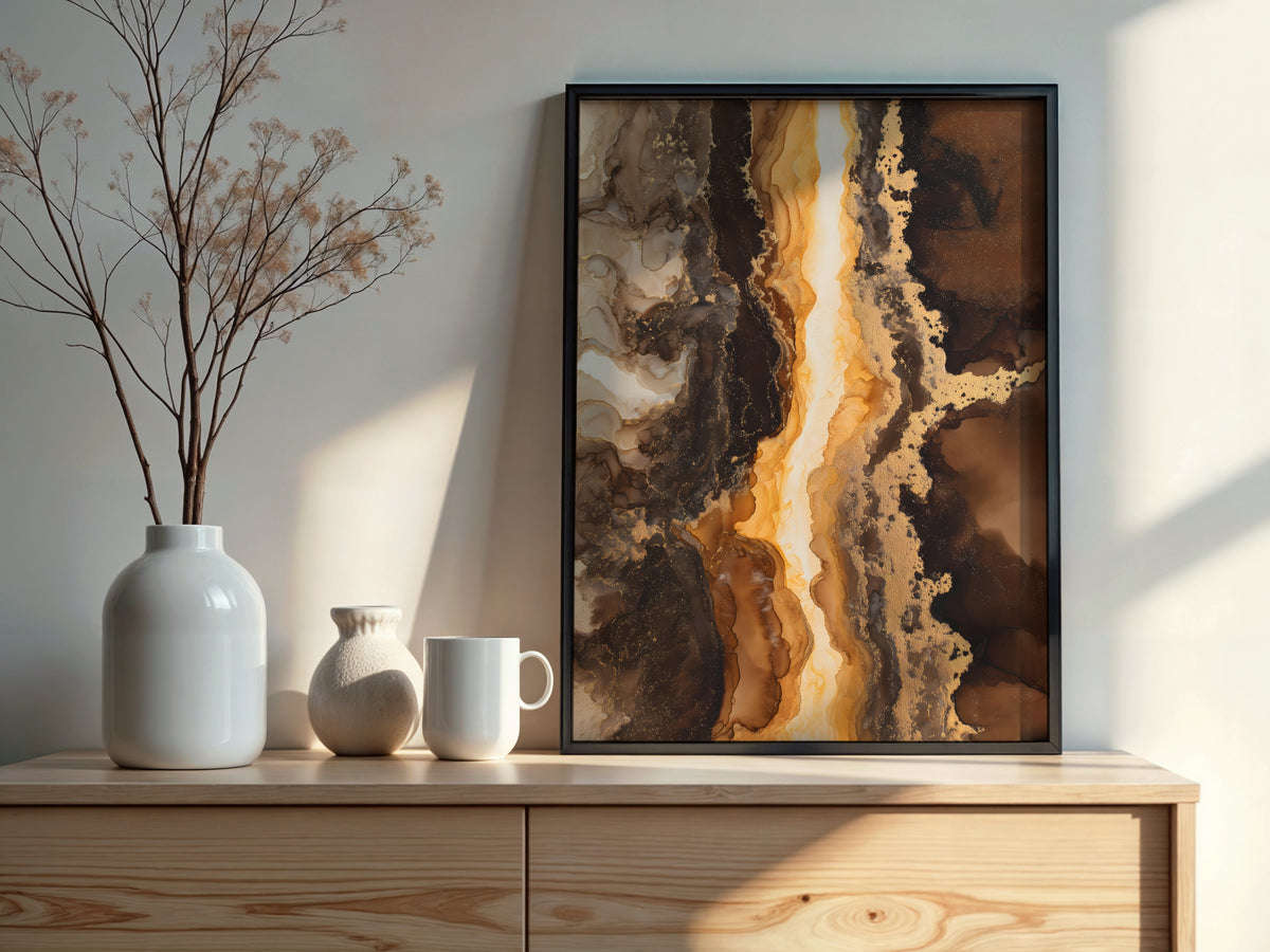 Close-up of Mocha Gold showing vertical gold fissure with warm caramel and espresso masses and antique gold scatter