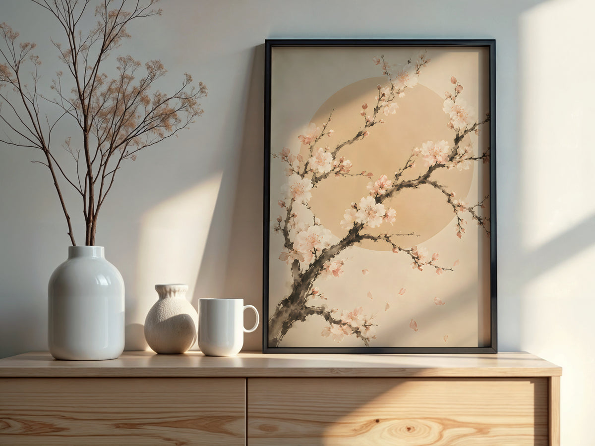 Ivory Plum Blossom styled detail — Japandi art blush and ivory plum blossom palette close-up