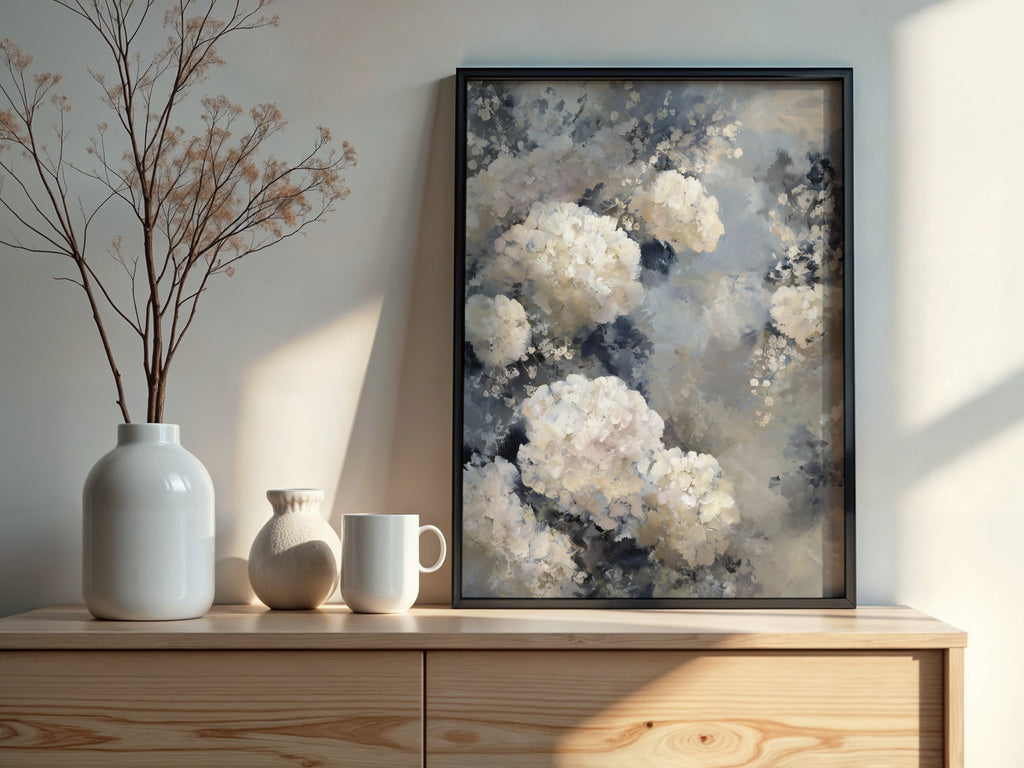 Close-up of Pearl Grey Bloom showing pearl white pompom masses with delicate flower sprays distributed across soft atmospheric pearl grey ground