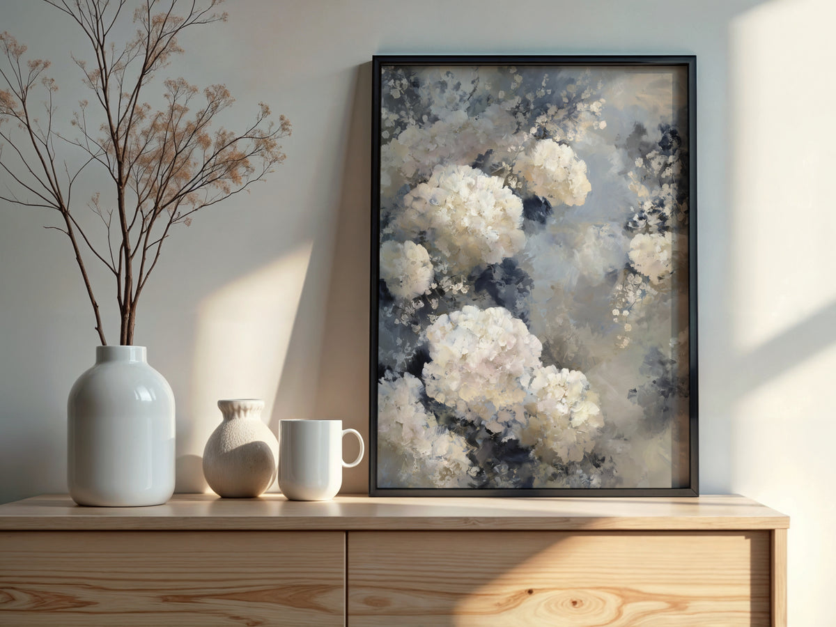Close-up of Pearl Grey Bloom showing pearl white pompom masses with delicate flower sprays distributed across soft atmospheric pearl grey ground