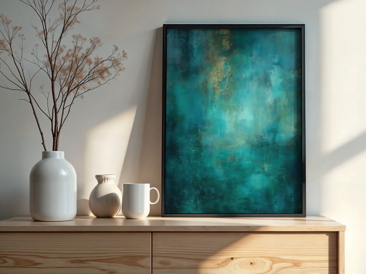Close-up of Teal Gold Horizon showing warm gold passages and luminous aqua glow within deep teal field