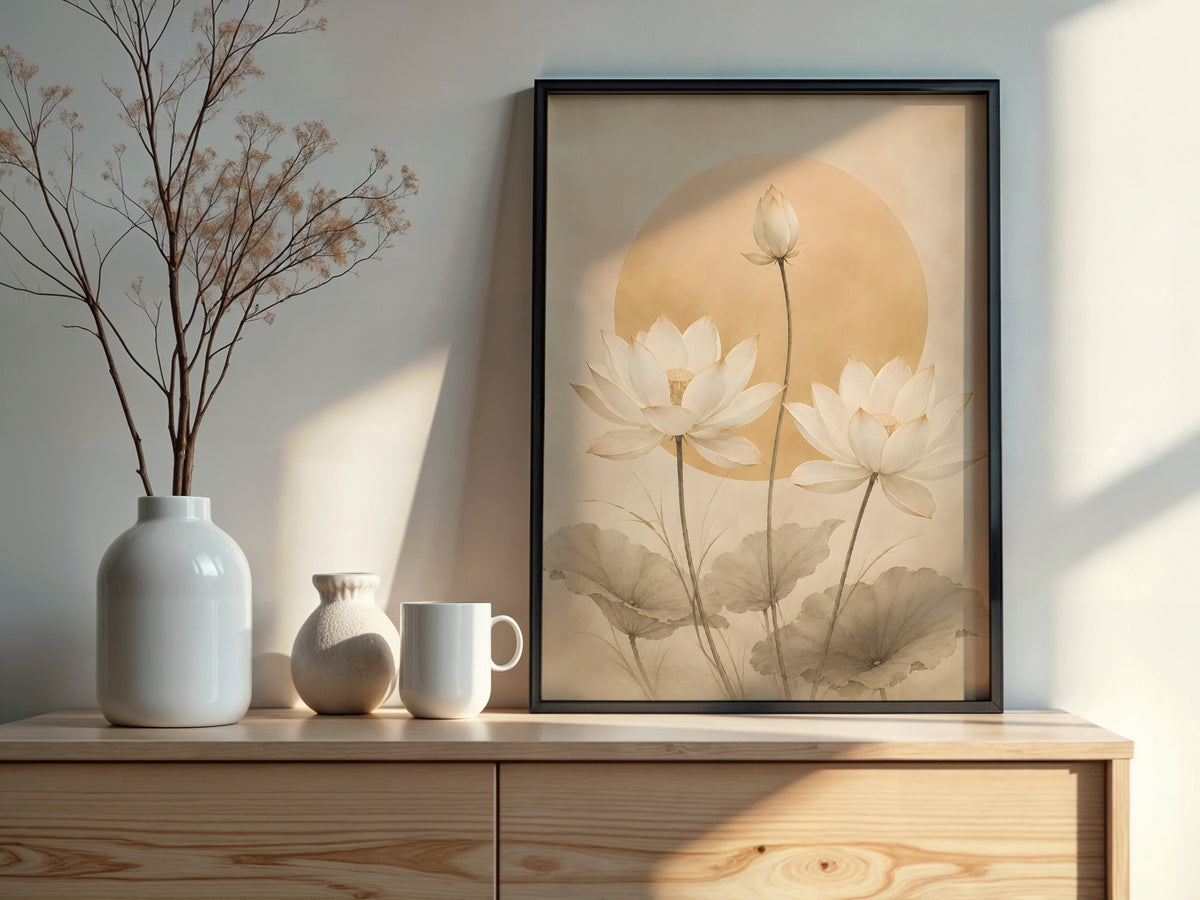 Ivory Lotus Sun styled detail — Japandi art warm ivory and blush lotus palette close-up
