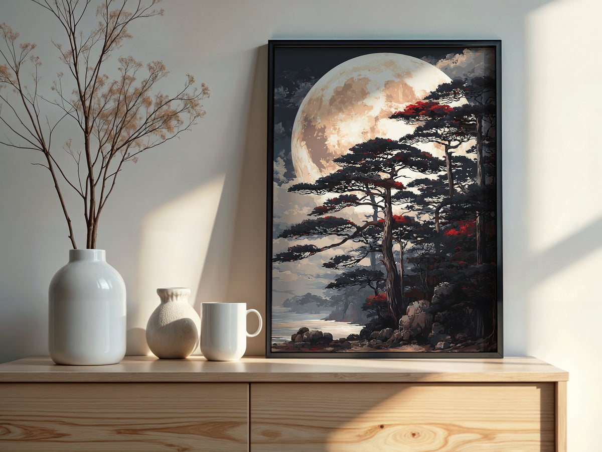 Digital download contents for Moon Over Pines showing JPG and PDF files in 7 sizes