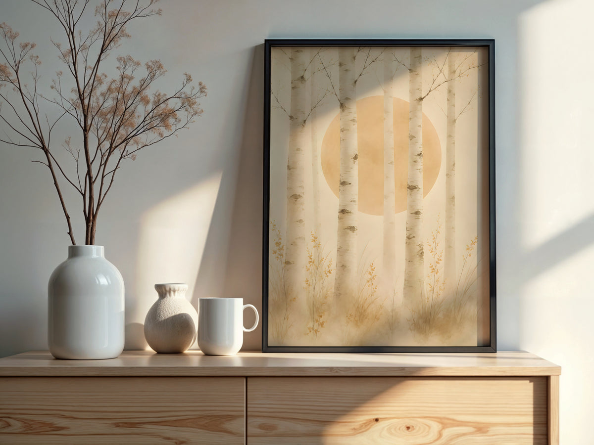 Ivory Birch Forest styled detail — Japandi art ivory birch and warm ground palette close-up