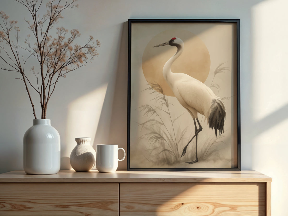 Ivory Crane Sun styled detail — Japandi art ivory and amber palette close-up