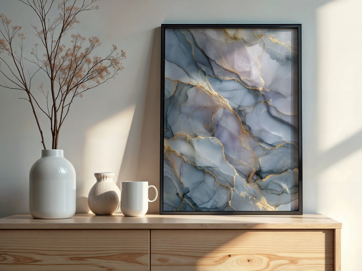 Close-up detail of Moonstone Gold showing champagne gold veining threading through cool grey and stone masses