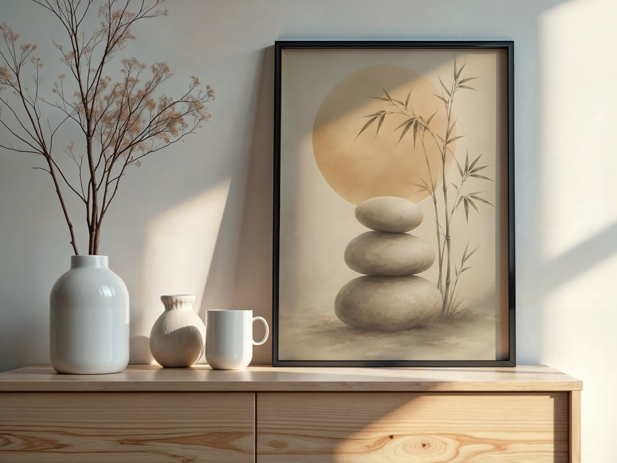 Ivory Stone Balance styled detail — Japandi art warm ivory and grey stone palette close-up