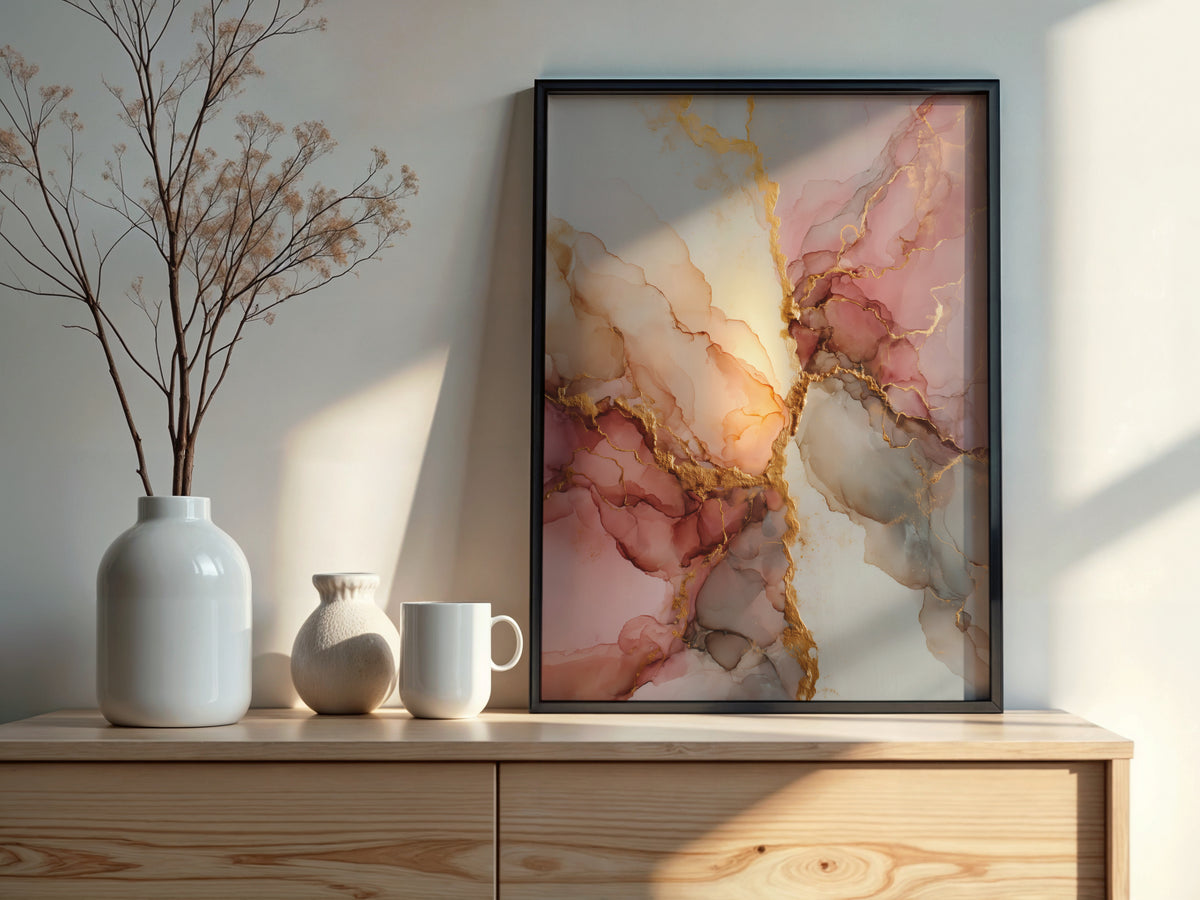 Close-up detail of Pearl Gold showing soft blush and champagne ink layering with fine rose gold veining