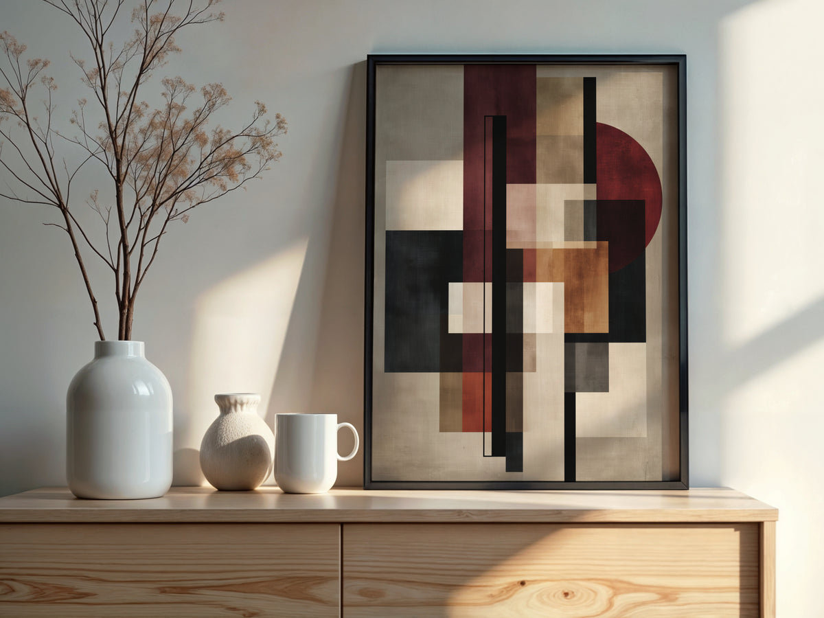 Close-up of Oxblood Linen Balance showing twin vertical accent lines and overlapping rectangular blocks