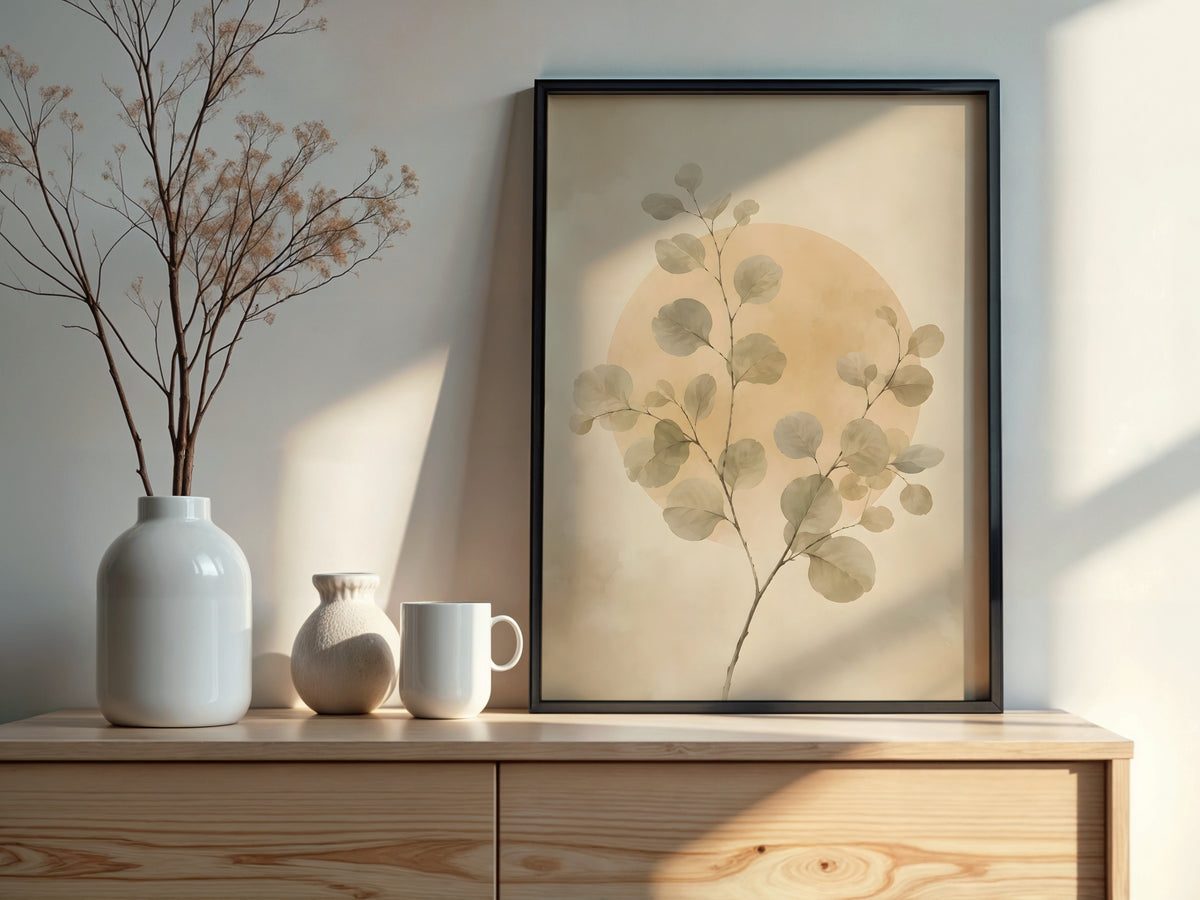 Ivory Eucalyptus Balance styled detail — Japandi art sage and ivory botanical palette close-up