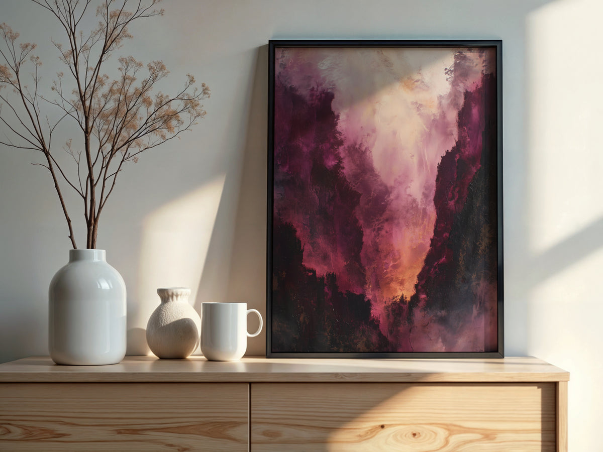 Close-up of Mauve Ember Haze showing warm amber and ivory ember glow rising through deep plum and magenta masses