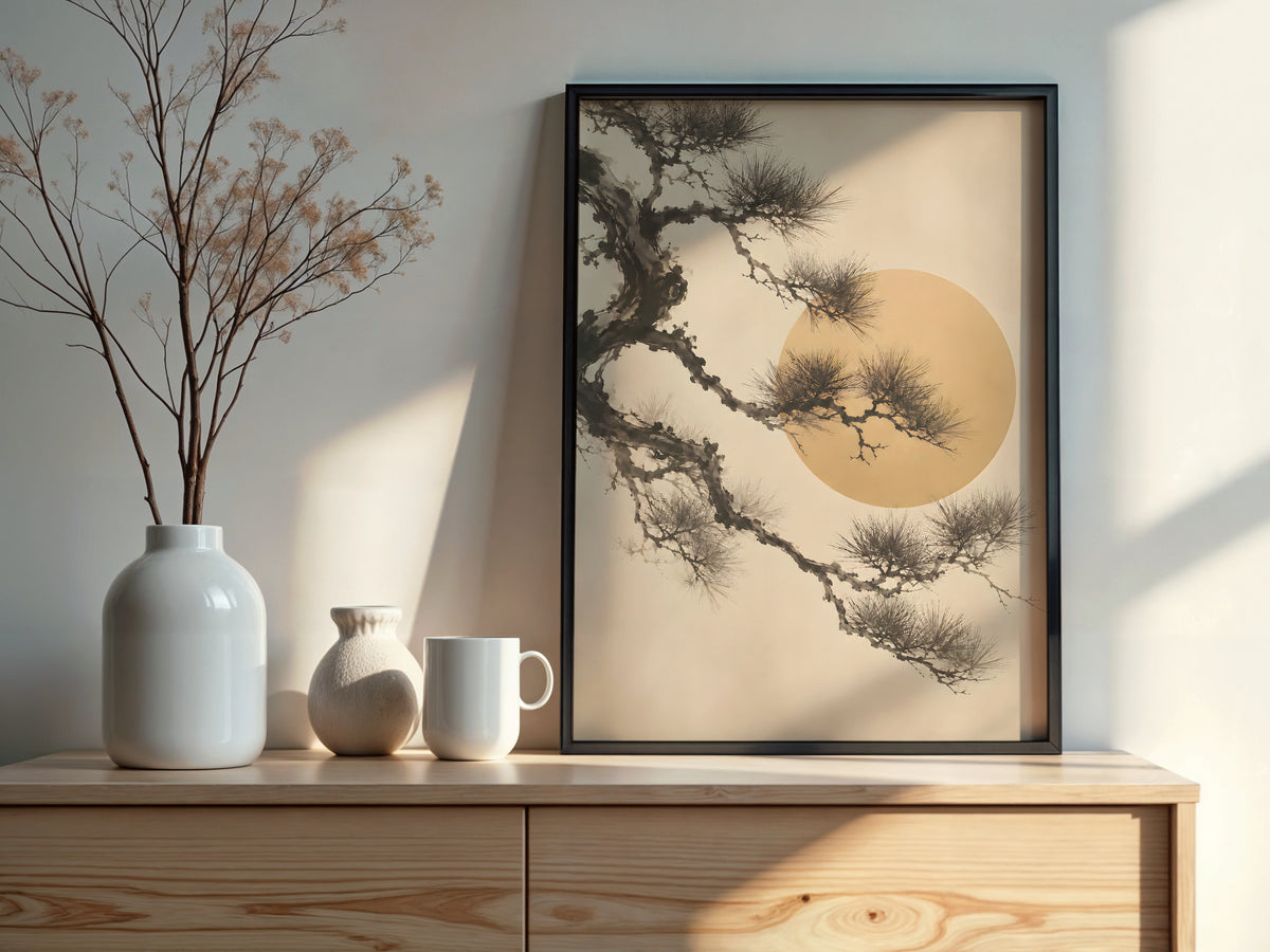 Ivory Pine Sun Silhouette styled detail — Japandi art graphite pine silhouette and ivory palette close-up