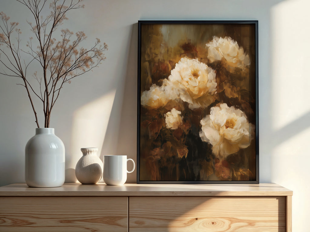 Close-up of Mocha Petal Veil showing large cream peony blooms with warm amber and espresso depth throughout