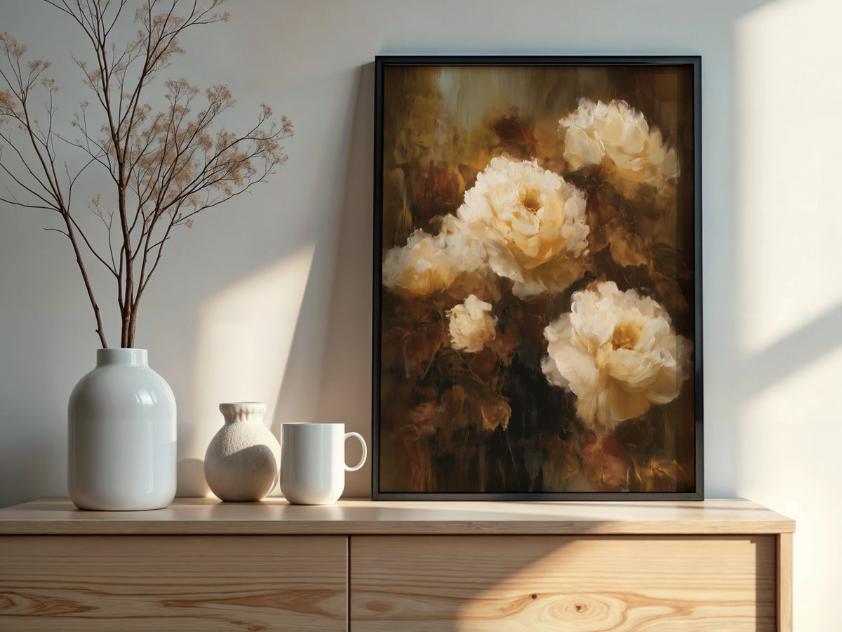 Close-up of Mocha Petal Veil showing large cream peony blooms with warm amber and espresso depth throughout