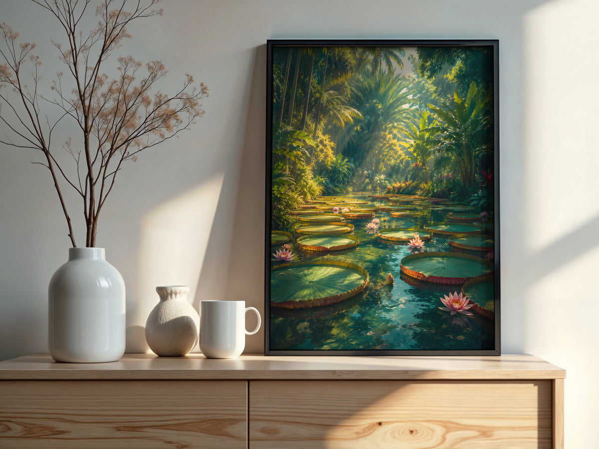 Waterlily Allée styled detail — lily pad and teal water tropical palette close-up