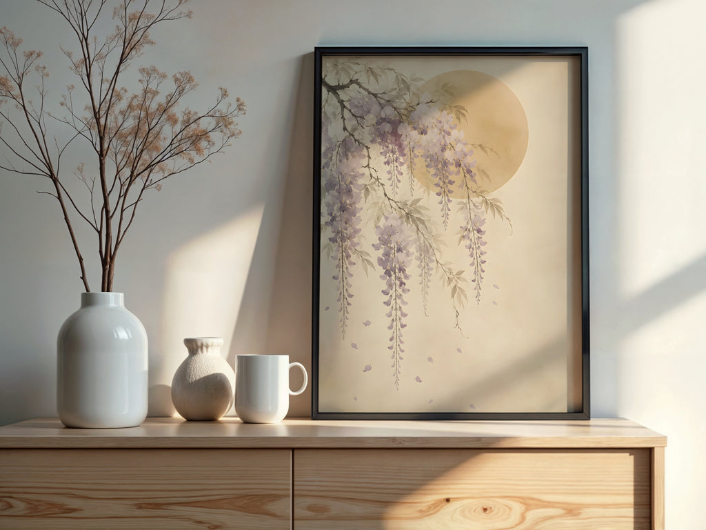 Ivory Wisteria Fall styled detail — Japandi art lavender and ivory wisteria palette close-up