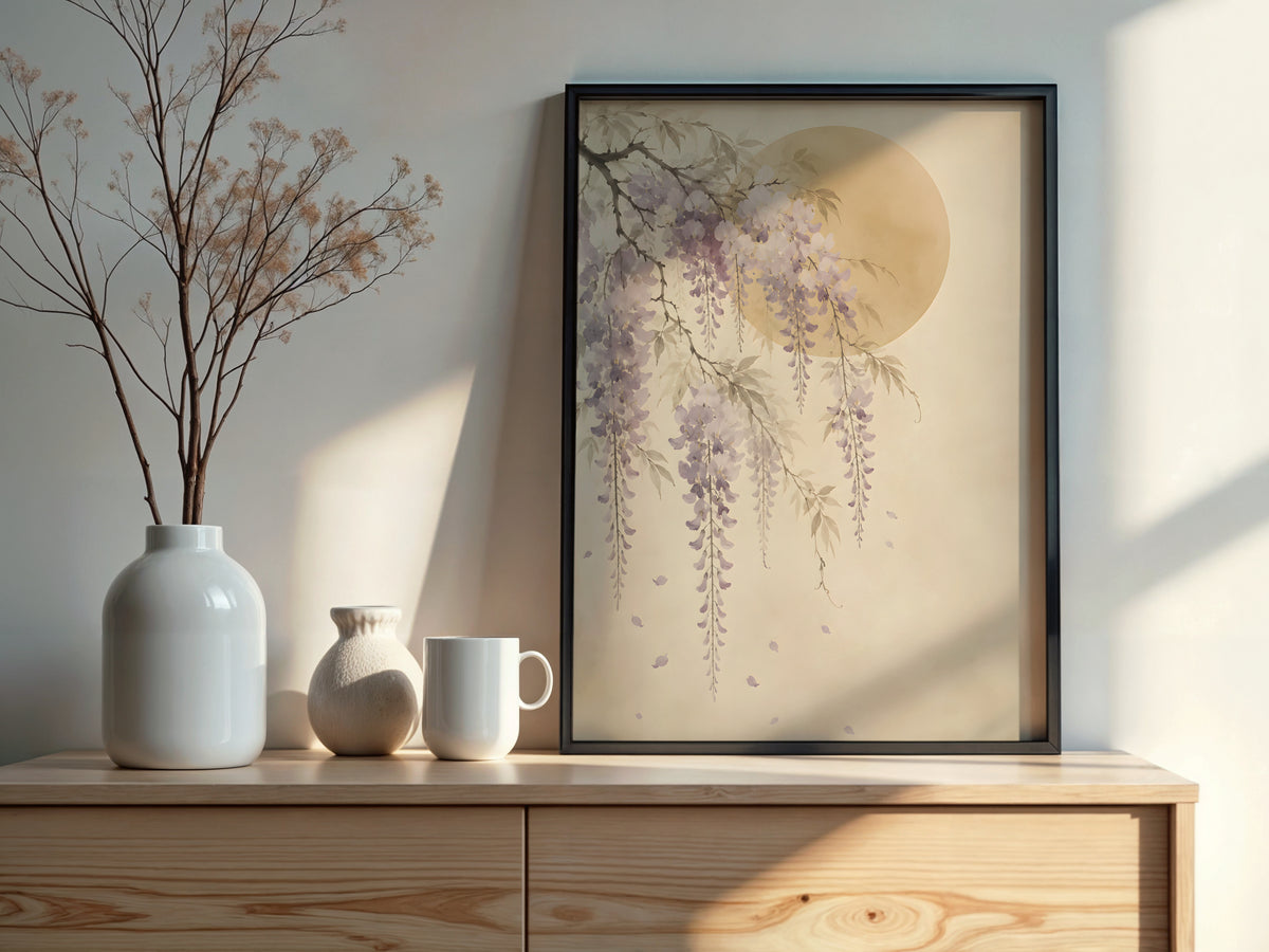 Ivory Wisteria Fall styled detail — Japandi art lavender and ivory wisteria palette close-up