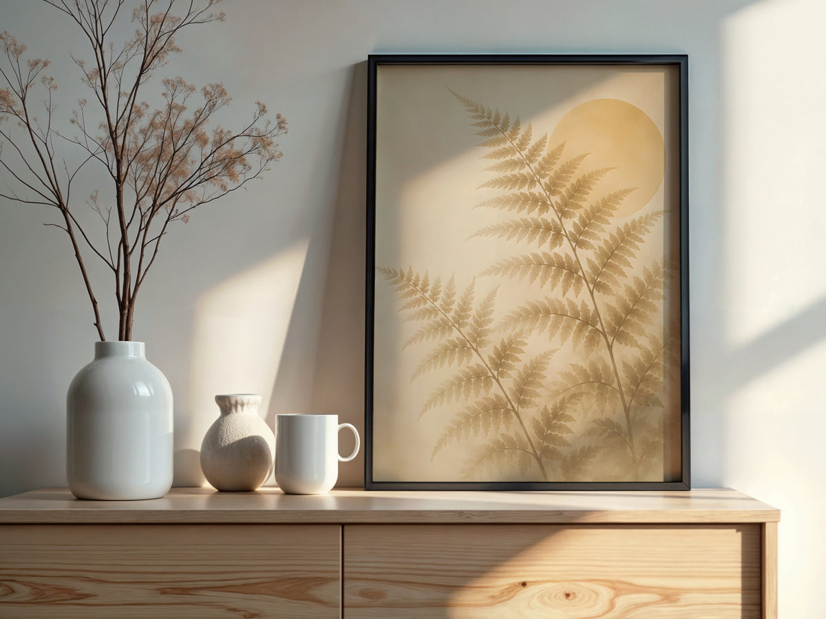 Ivory Fern Frond styled detail — Japandi art warm ivory and sage fern palette close-up