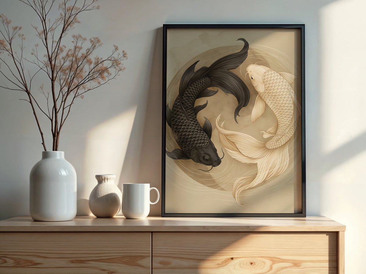 Ivory Koi Balance styled detail — Japandi art koi composition and ink-wash texture close-up