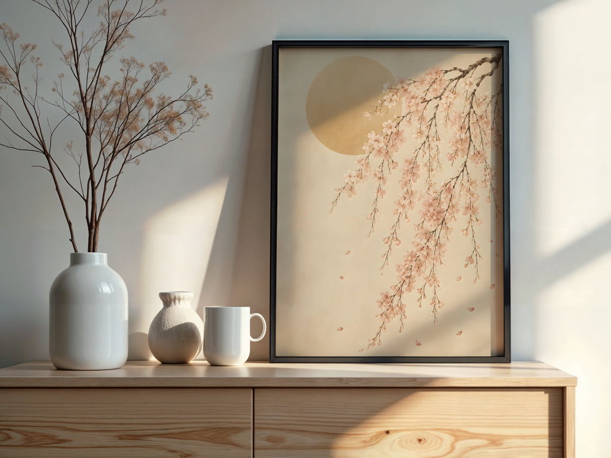 Ivory Blossom Arc styled detail — Japandi art blush and amber blossom palette close-up