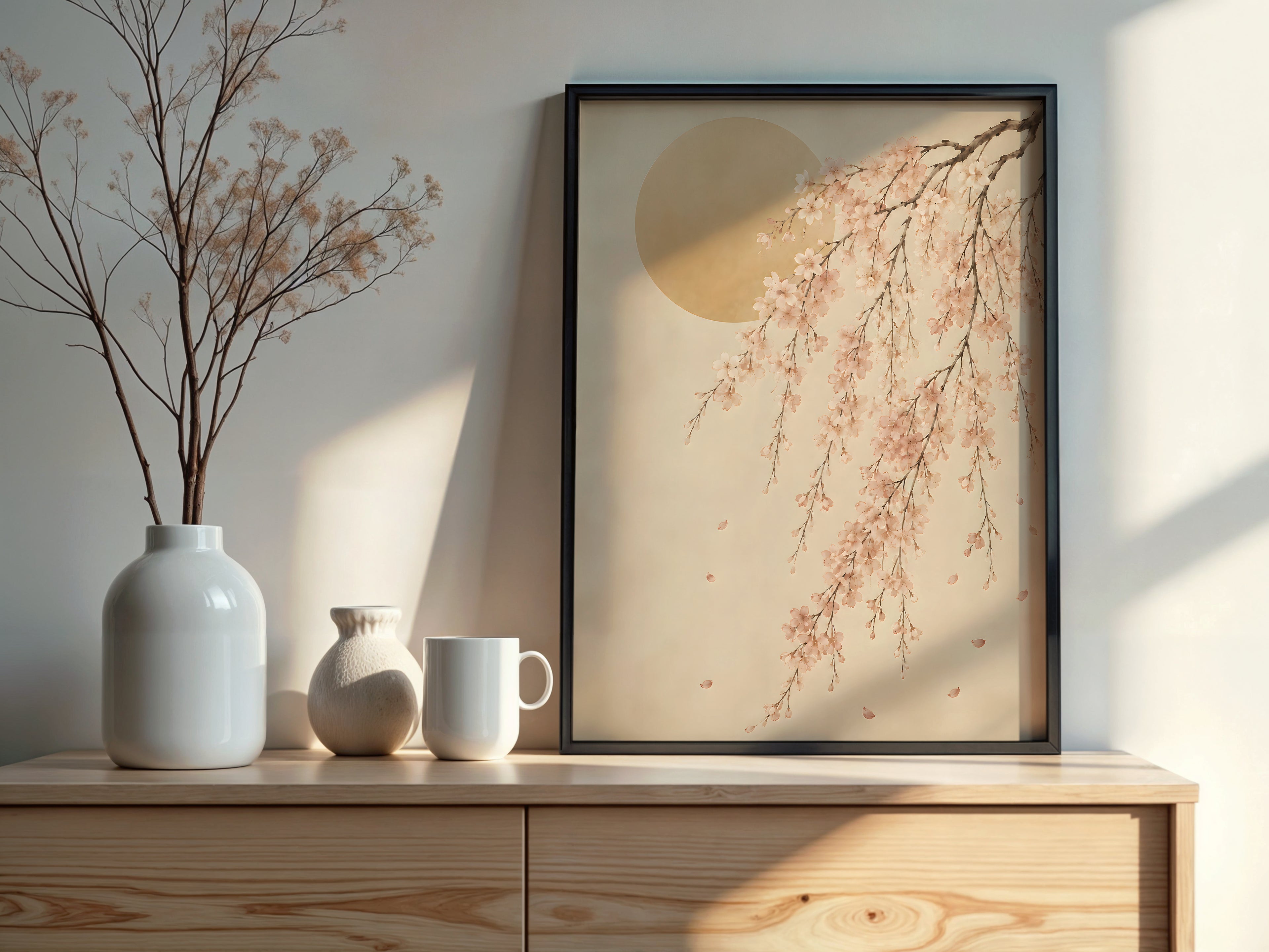 Ivory Blossom Arc styled detail — Japandi art blush and amber blossom palette close-up