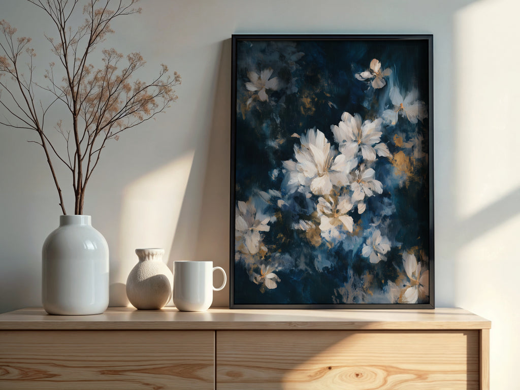 Close-up of Midnight Ivory Blossom showing ivory flower forms scattered diagonally across deep midnight navy with subtle warm gold accents